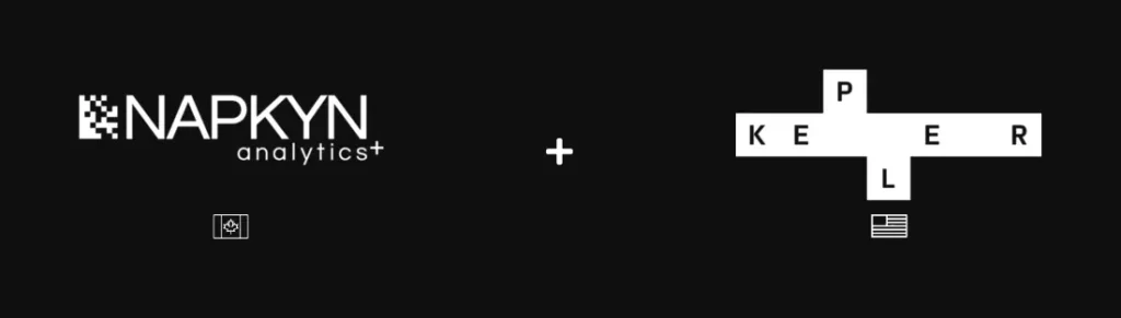 Napkyn Analytics logo with Canada flag and Kepler logo with US flag on black background indicating acquisition partnership