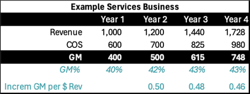 Gross margin table showing year-over-year revenue, costs, and profitability trends in a sample services business.